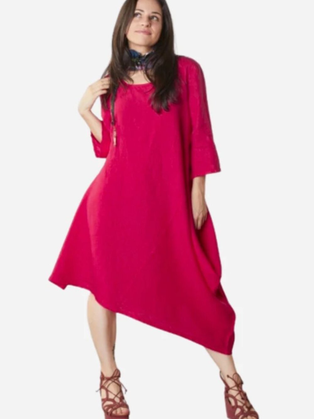 Bryn Walker Naida Tunic Dress Red 100% Linen Asymmetrical Hem Women's Size M
